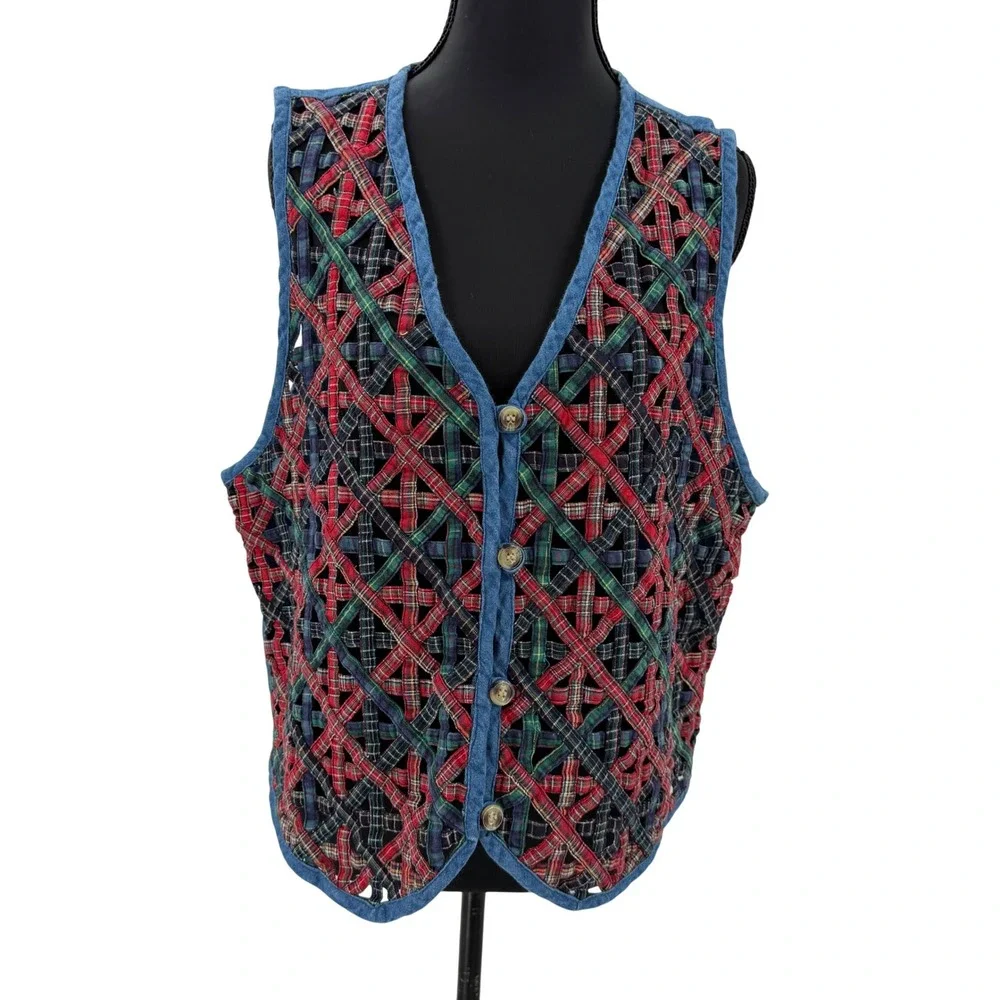 vintage Casey & Max Plaid Ribbon Lattice Denim Vest Large Cottagecore Western